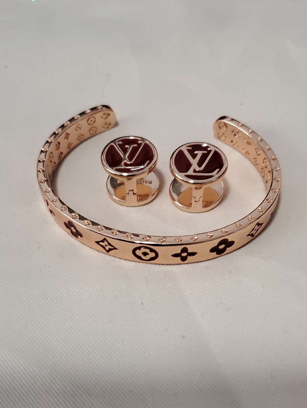 FashionFine Jewerly Gold Monogram Cuff Bracelet with Matching Rose Gold LV Studs